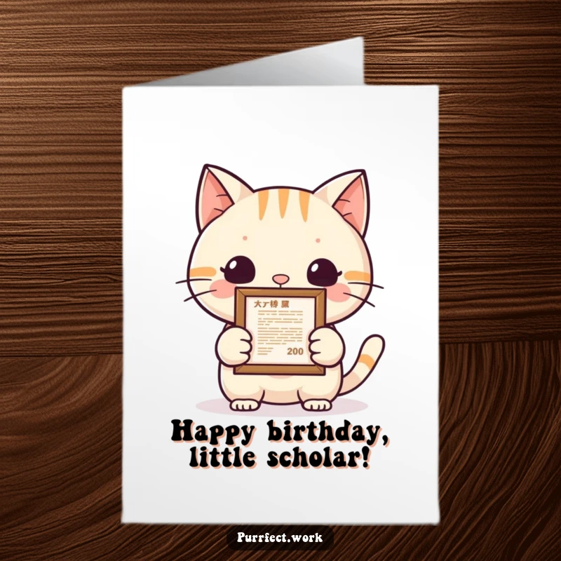 Funny Free Printable Birthday Card: A cat proudly holding a small framed document confirming graduation, celebrating a birthday