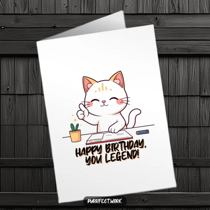 Funny Free Printable Birthday Card showing a cat character giving a triumphant thumbs-up while sitting at a desk.