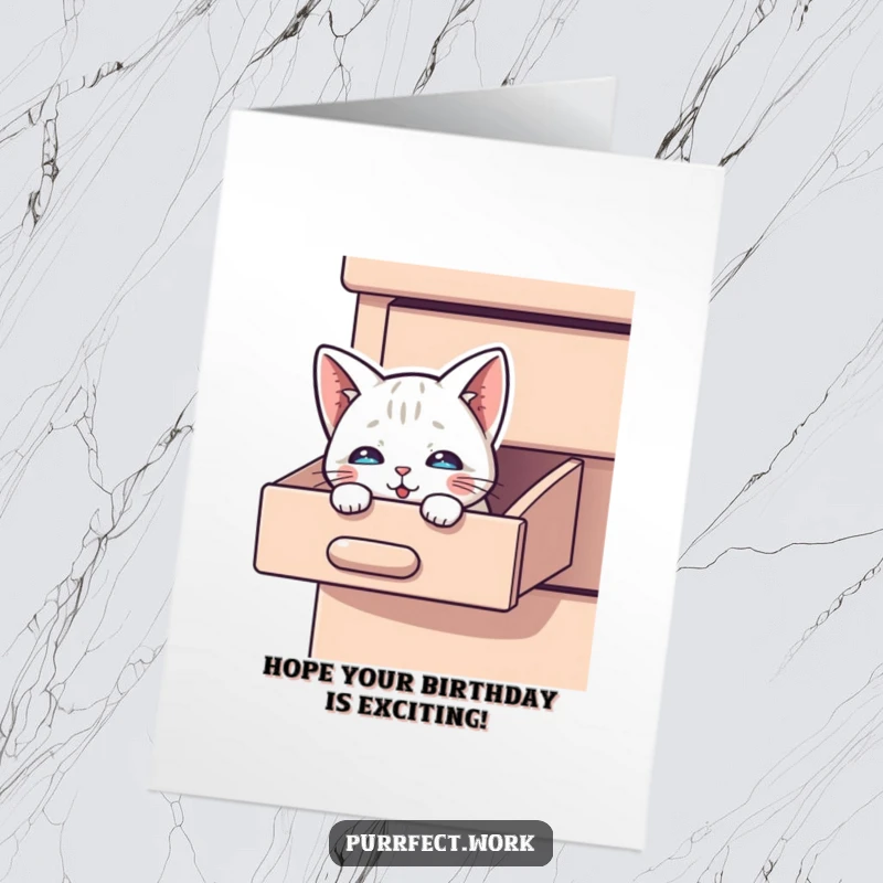 Funny Free Printable Birthday Card: A curious cat peeks its head out from an open desk drawer, ready to surprise.