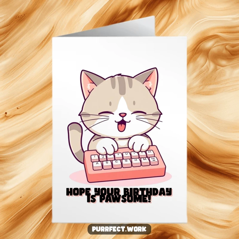 Funny Free Printable Birthday Card: A cat is furiously typing on a mini keyboard, busy sending birthday wishes.