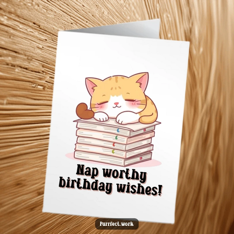 Funny Free Printable Birthday Card: A fluffy cat naps soundly on a stack of important documents, ignoring all responsibilities. A cute downloadable.