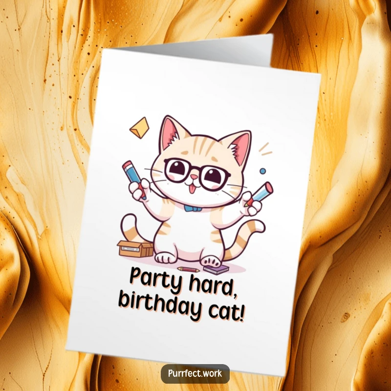 Funny Free Printable Birthday Card showing a cat character skillfully juggling office supplies with focused paws.