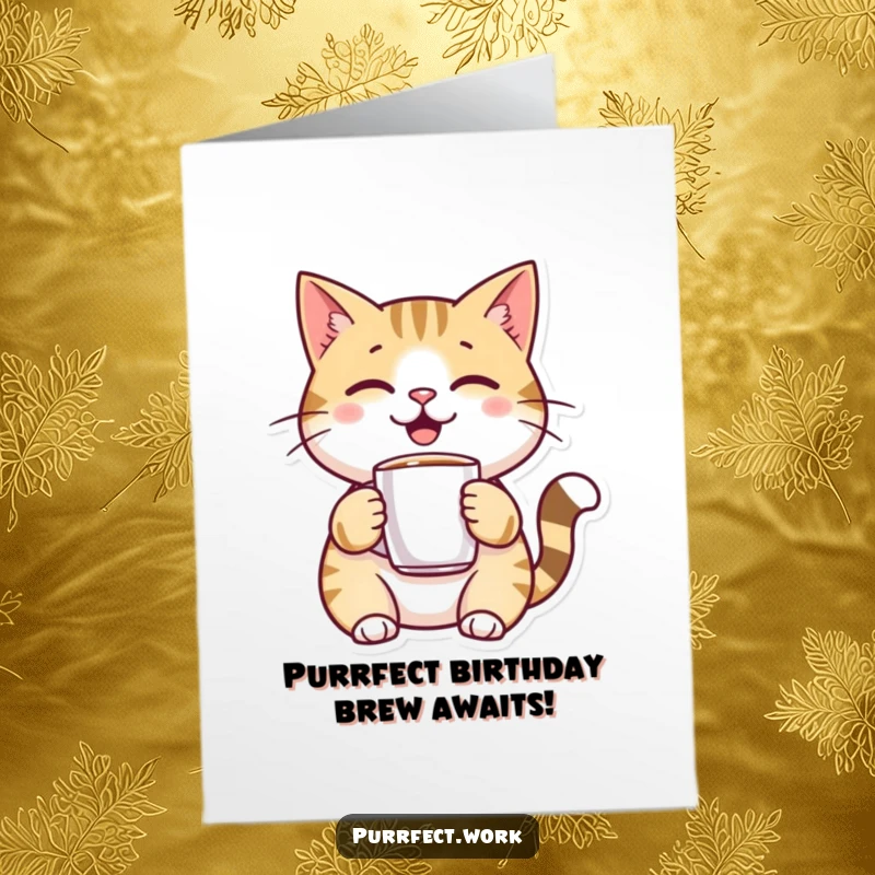 Funny Free Printable Birthday Card: A happy cat holds a tiny coffee mug, ready to celebrate with morning cheer.
