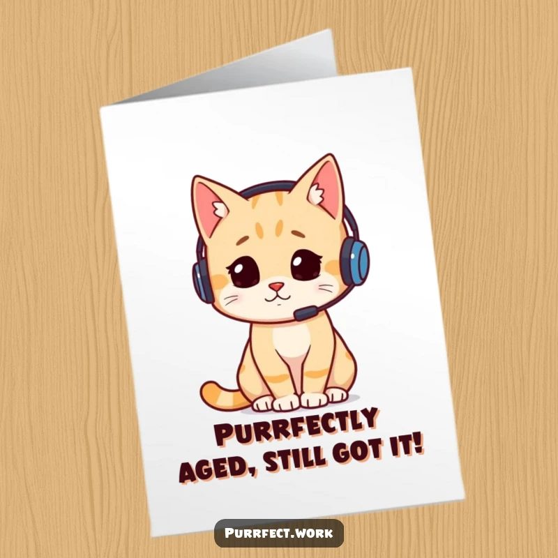 Funny Free Printable Birthday Card: A cat in a headset looks intensely busy, ready to conquer any birthday task with humor.