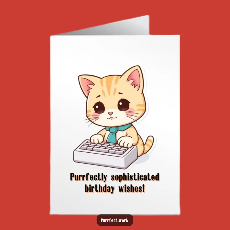 Free Printable Funny Cat Tie Card: Cute Office Cat Typing Birthday Greeting