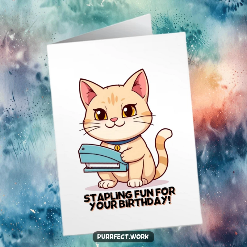 Funny Free Printable Birthday Card: A determined cat holds a stapler with a confident grin, ready for any task.