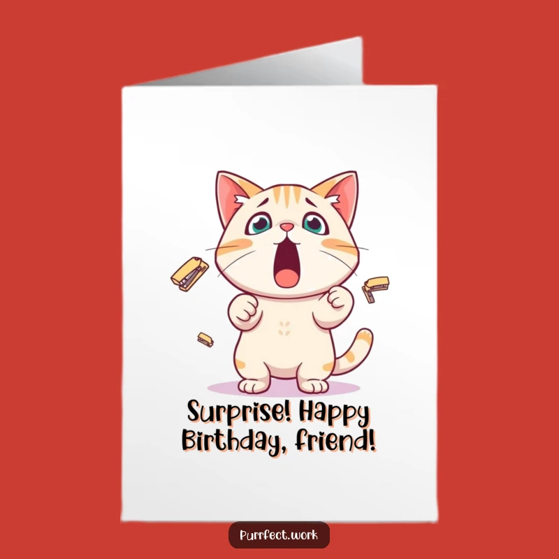 Free Printable Birthday Card: Surprised Cat Stapler Juggling Funny Greeting
