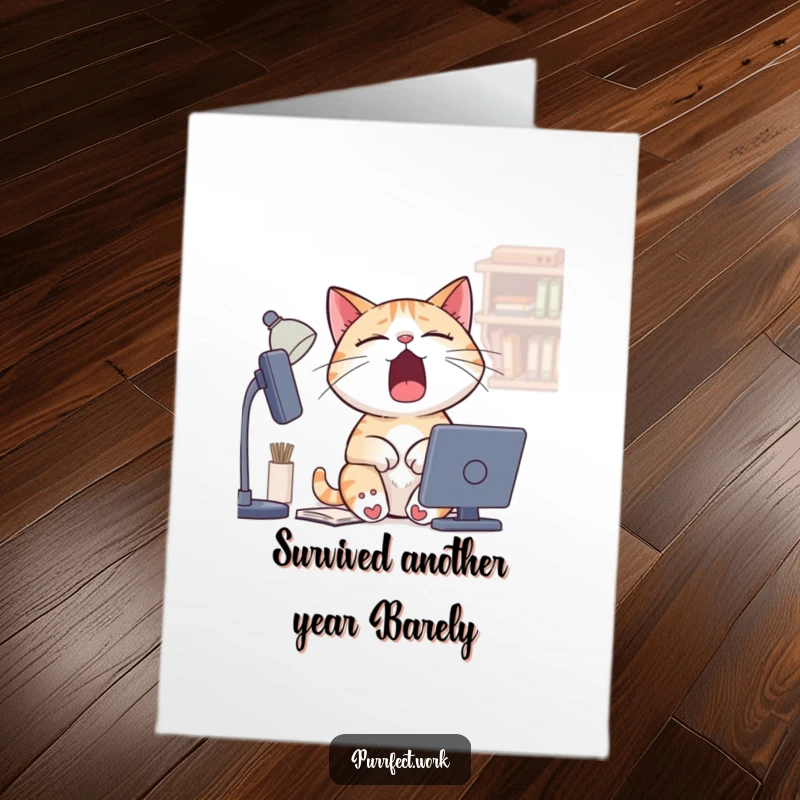 Funny Free Printable Birthday Card: A sleepy cat yawning widely at its desk, looking utterly exhausted.