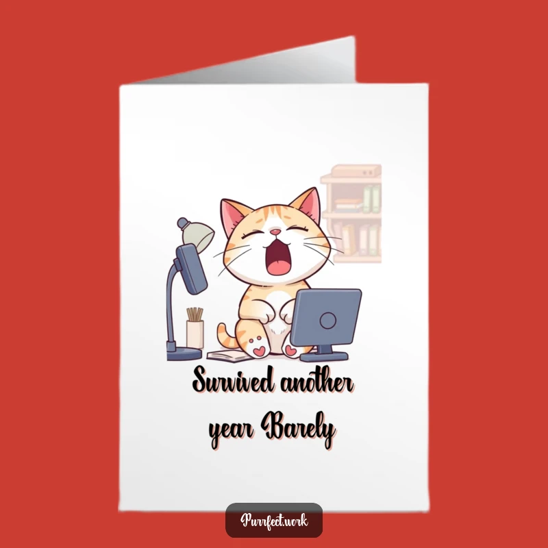 Wish them a relaxing birthday with this free printable card! A yawning cat at a desk captures that Monday feeling, print at home.