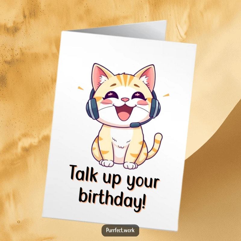 Funny Free Printable Birthday Card showing a cheerful cat wearing a headset, talking enthusiastically, perfect for lively celebrations.