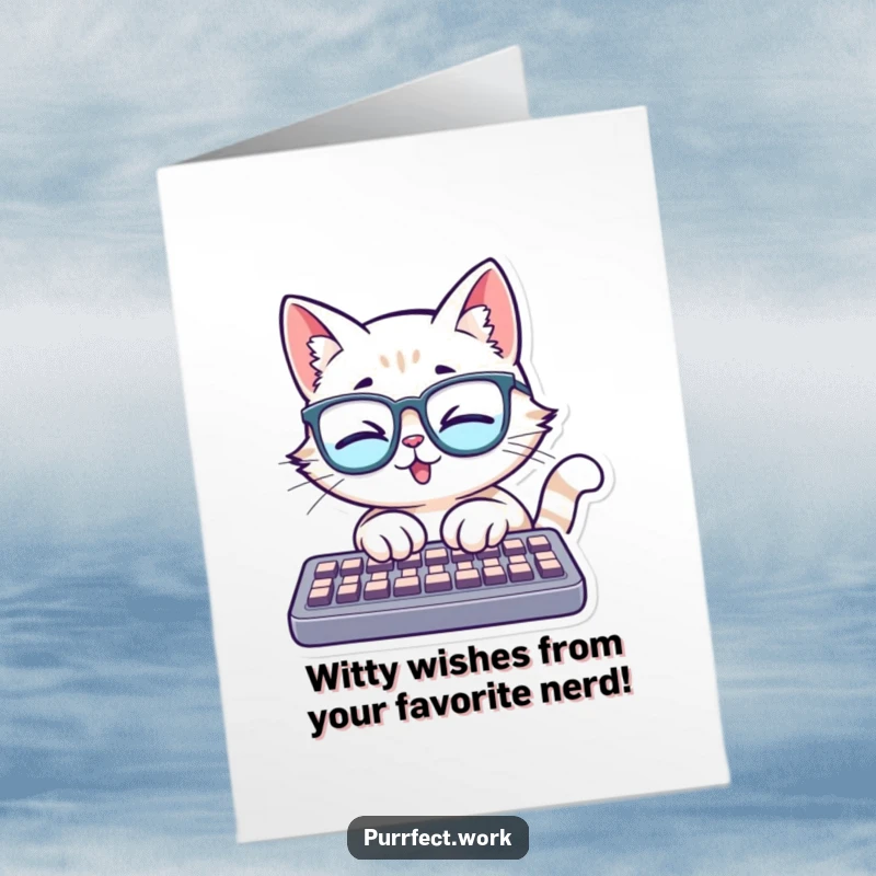 Funny Free Printable Birthday Card: A feline wearing glasses is typing very fast and enthusiastically on a computer keyboard.
