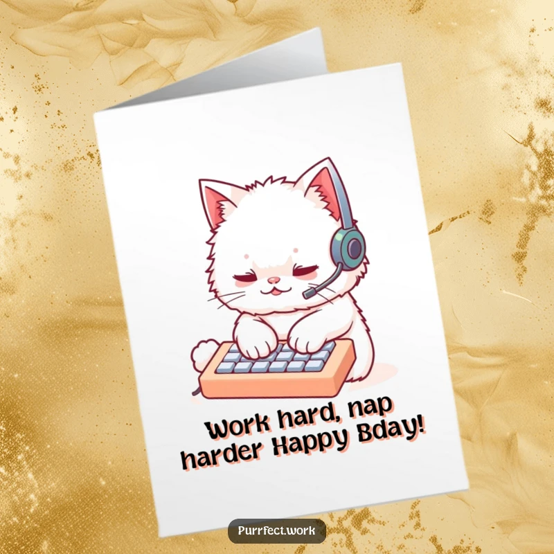 Funny Free Printable Birthday Card: A white cat in a headset furiously typing on a tiny keyboard, celebrating a productive birthday.