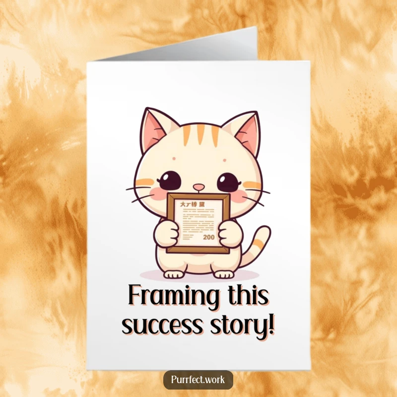 Funny Free Printable Congratulations Card: A cat proudly displays a small framed document, symbolizing a great accomplishment