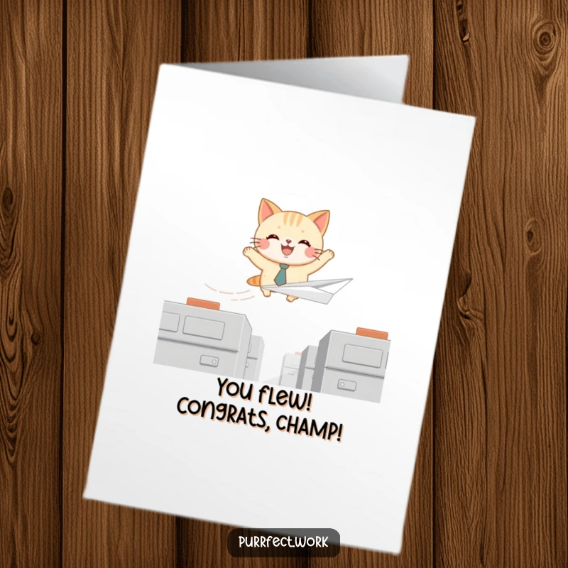 Funny Free Printable Congratulations Card: Joyful cat in a tie celebrates success by flying a paper airplane over cubicles.