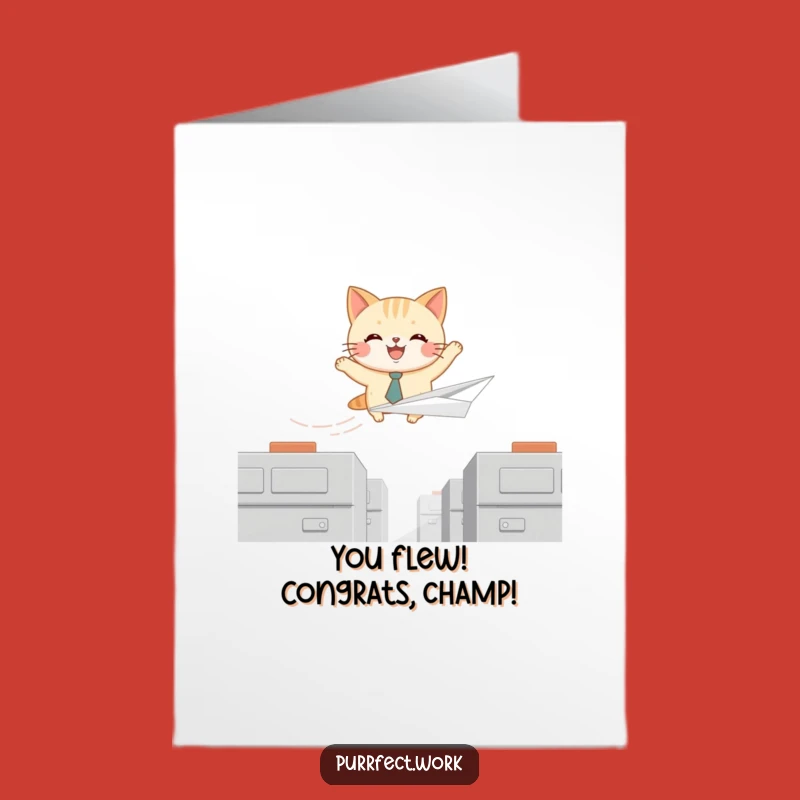 Free Printable Cat Card: Celebrate Success with Humorous Office Escape Congratulations Downloadable