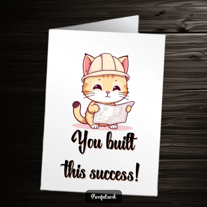 Funny Free Printable Congratulations Card: Cat wearing a hard hat studies a blueprint, celebrating a big construction win.