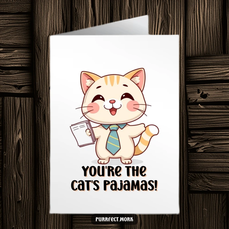 Funny Free Printable Congratulations Card: Sharp cat wearing a tie presents a stack of papers for a big win.