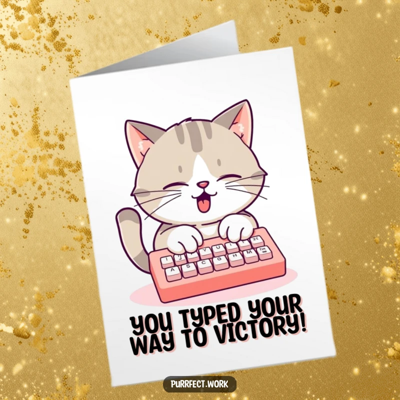 Funny Free Printable Congratulations Card: A cat is typing with intense focus on a miniature keyboard, celebrating achievements.