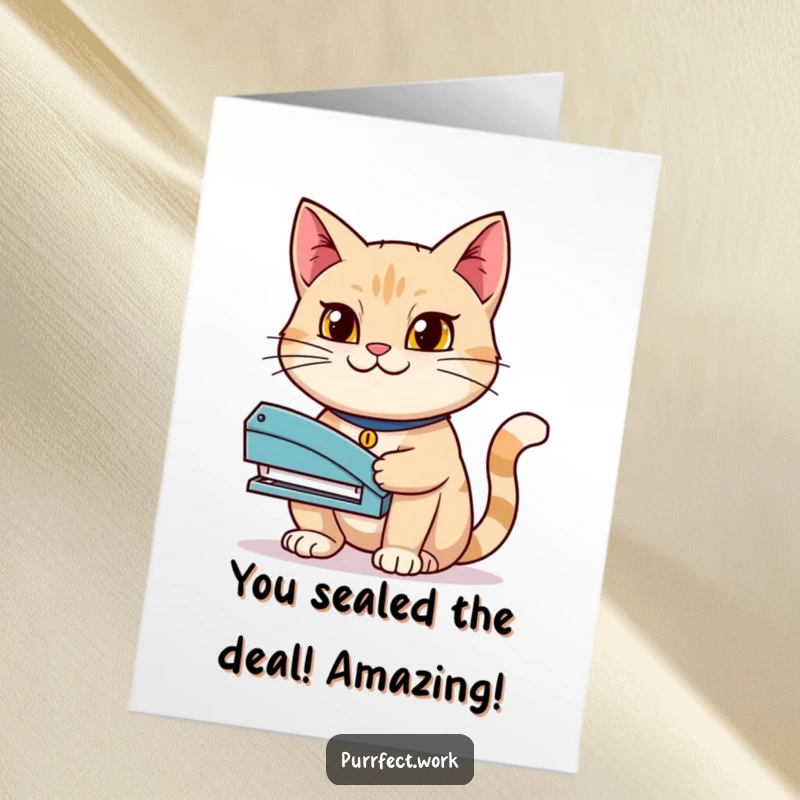 Funny Free Printable Congratulations Card: A cat grins confidently while holding a stapler, symbolizing a completed and successful task.