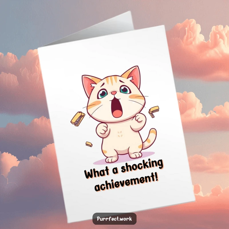 Funny Free Printable Congratulations Card: Surprised cat flustered by juggling tiny staplers, office humor delight.