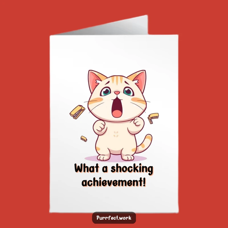 Free Printable Congrats Card: Cat Stapler Juggling Surprise Downloadable Greeting