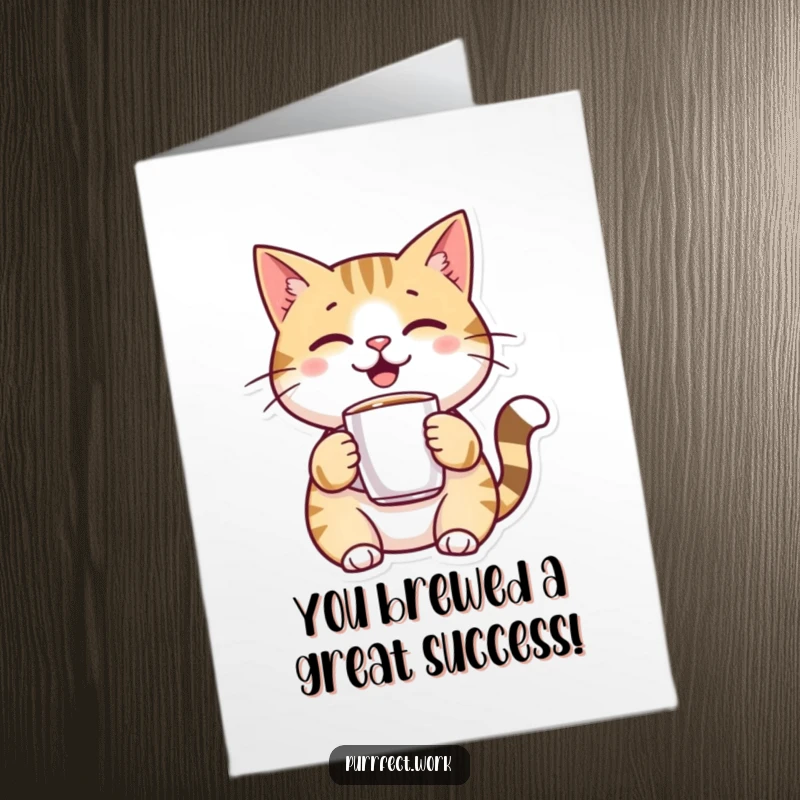 Funny Free Printable Congratulations Card: A cheerful cat sips coffee, symbolizing a well-deserved break and celebration.