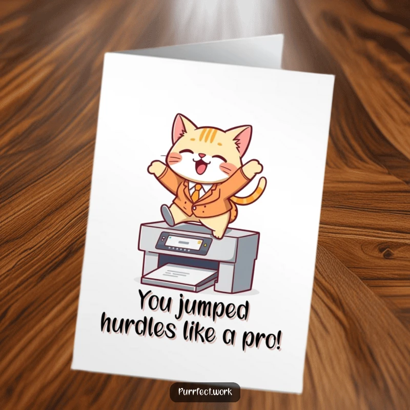 Funny Free Printable Congratulations Card: A cat in a smart suit performs an athletic leap over a printer to celebrate.