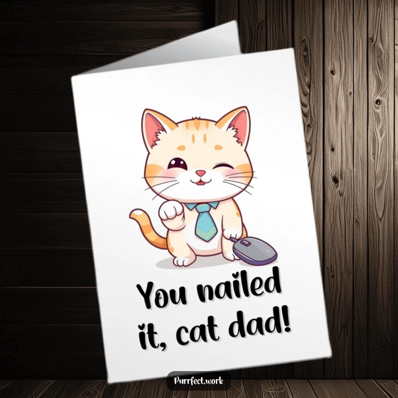 Funny Free Printable Congratulations Card: A cat sporting a tiny tie playfully attacks a computer mouse cursor, celebrating success.