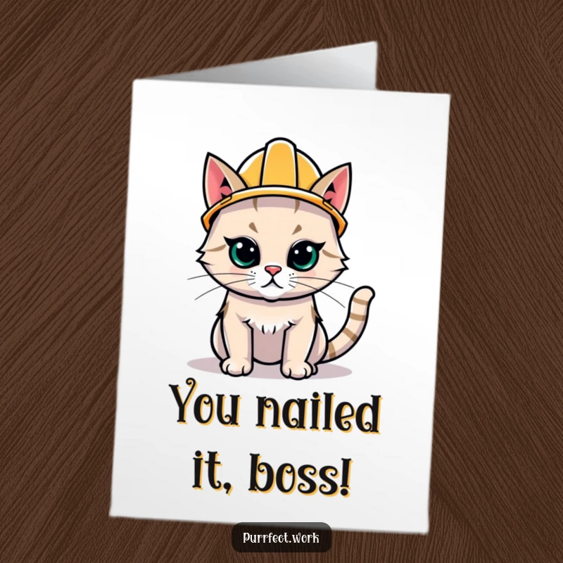 Funny Free Printable Congrats Card: Determined cat in a hard hat, celebrating a successful project or milestone.