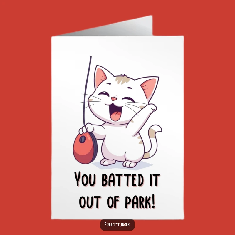 Free Printable Congrats Card: Excited Cat Pouncing - Downloadable Whimsical Greeting