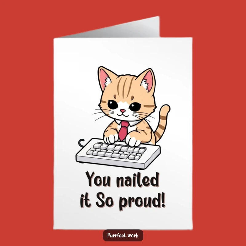 Free Printable Congrats Card: Funny Cat Boss Typing Tie - Humorous Downloadable