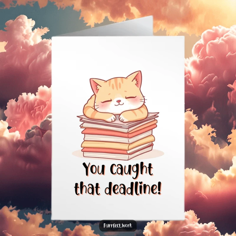 Funny free printable congratulations card: Exhausted cat fast asleep on a huge pile of official documents.