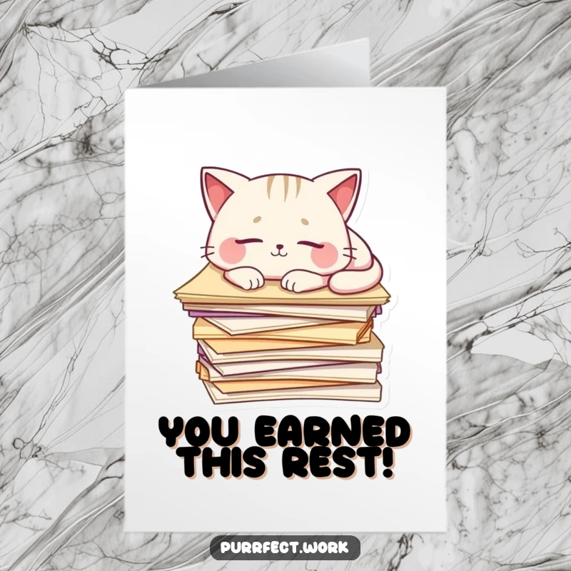 Funny free printable congratulations card: A fluffy cat naps peacefully atop a large pile of documents. Great for office celebration.