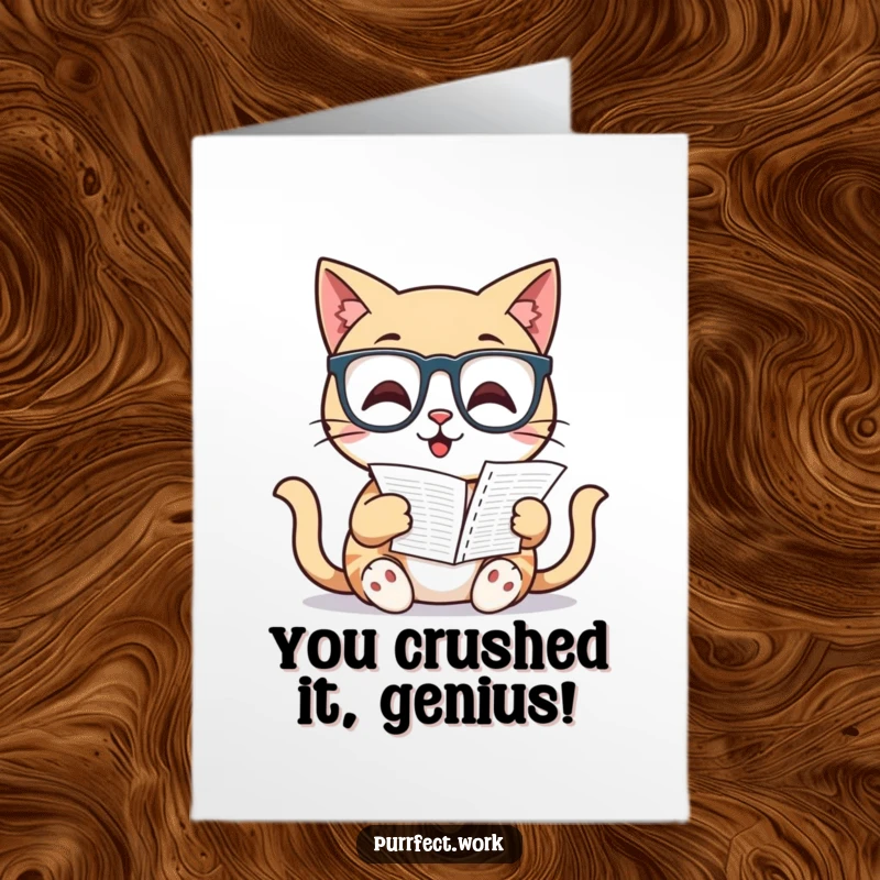 Funny free printable congratulations card: A smart cat in glasses pores over a spreadsheet victoriously. Ideal for office wins.