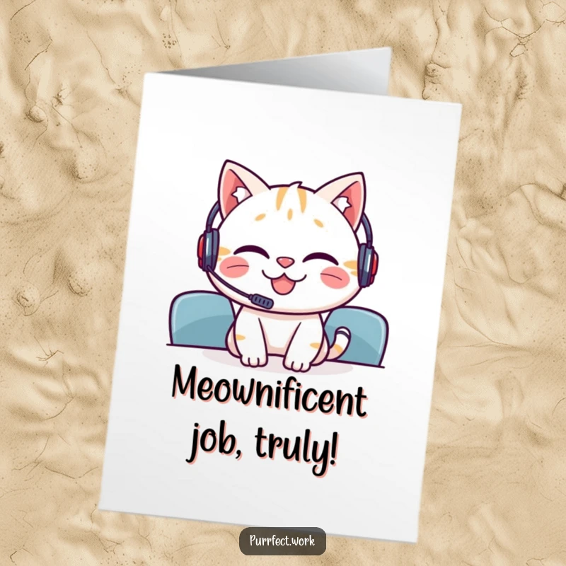 Funny Free Printable Congrats Card: Grinning cat in a headset beams, having successfully contributed to a virtual meeting.