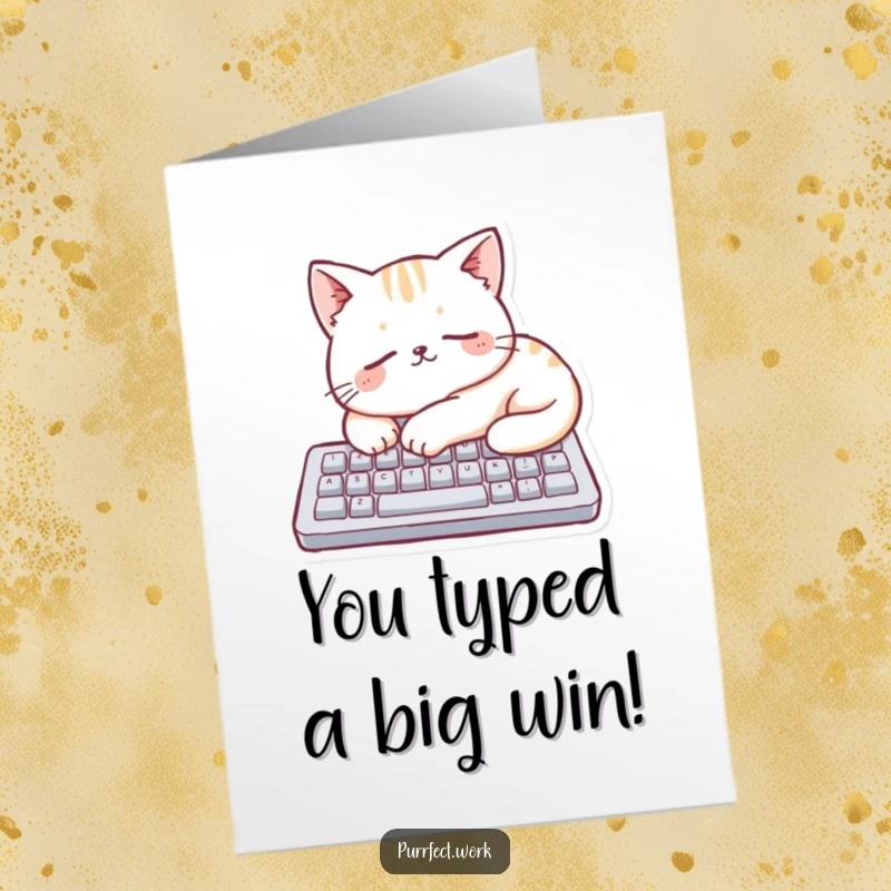 Funny Free Printable Congratulations Card: A playful cat naps on a tiny keyboard, suggesting a well-deserved break.