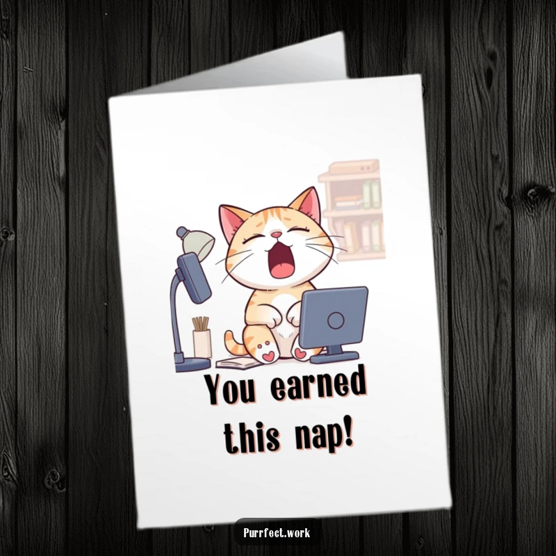 Funny Free Printable Congrats Card: A sleepy cat yawning at its desk, implying the news was exciting enough to wake it.