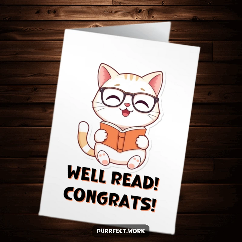 Funny Free Printable Congratulations Card: A wise-looking cat with glasses is absorbed in reading a tiny book, celebrating a milestone.