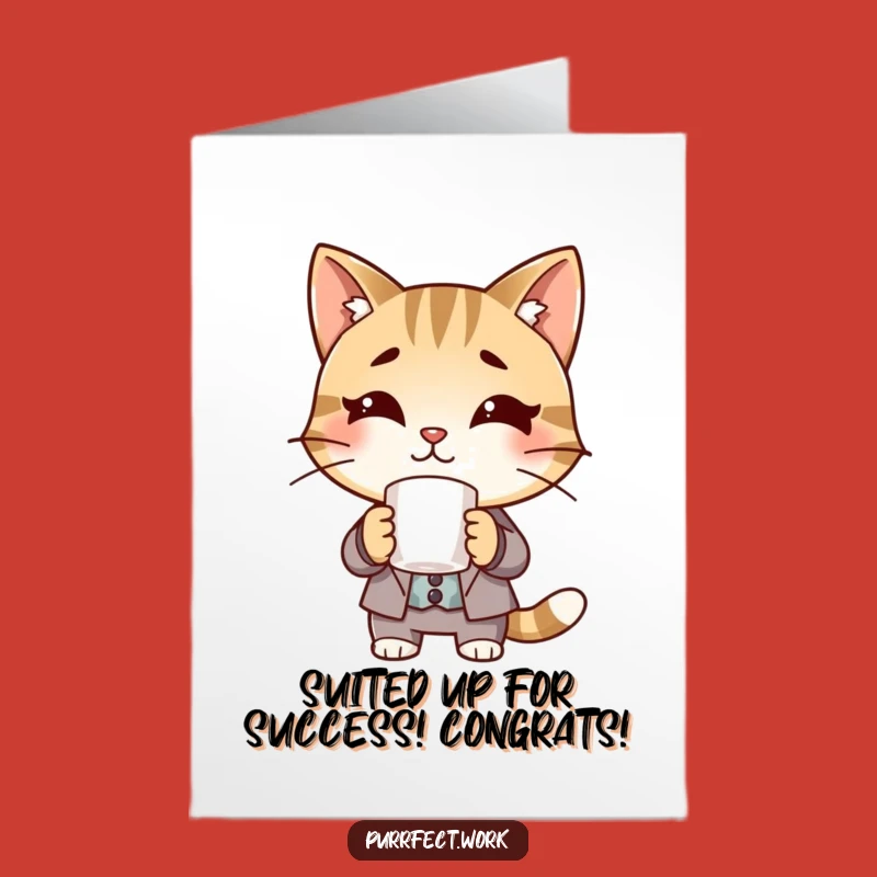 Free Printable Congrats Cat Card: Suited Cat Coffee Mug Celebration Greeting