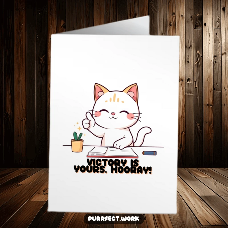 Funny Free Printable Congratulations Card featuring a cat giving a big thumbs-up while seated triumphantly at a desk.