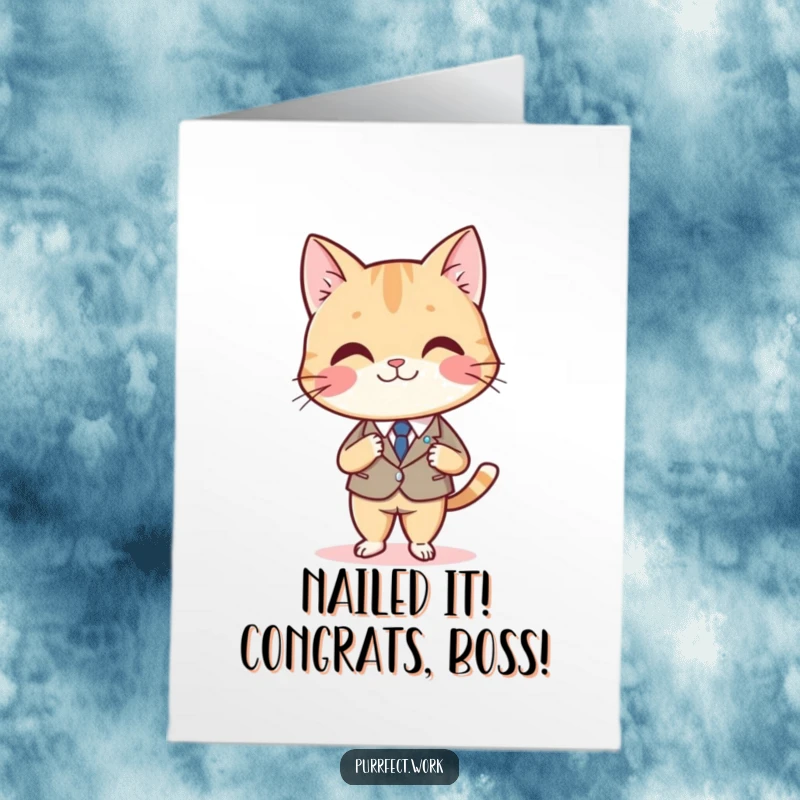 Funny Free Printable Congratulations Card: Smiling cat in a suit crosses legs at a desk, celebrating success with class.