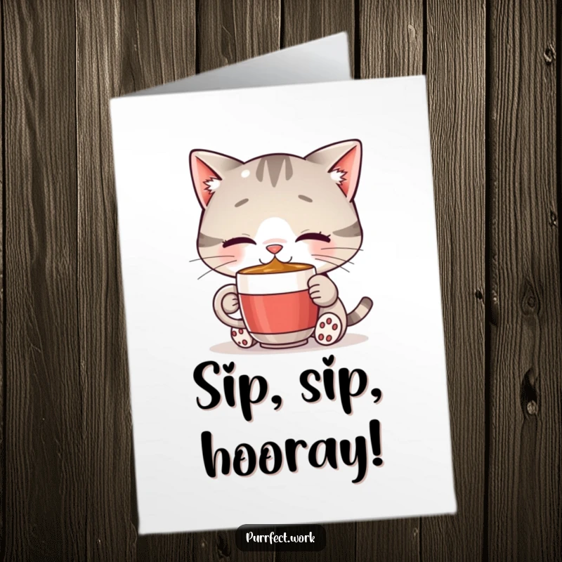 Funny Free Printable Congratulations Card: A cat happily enjoying a small coffee mug, perfect for congratulations
