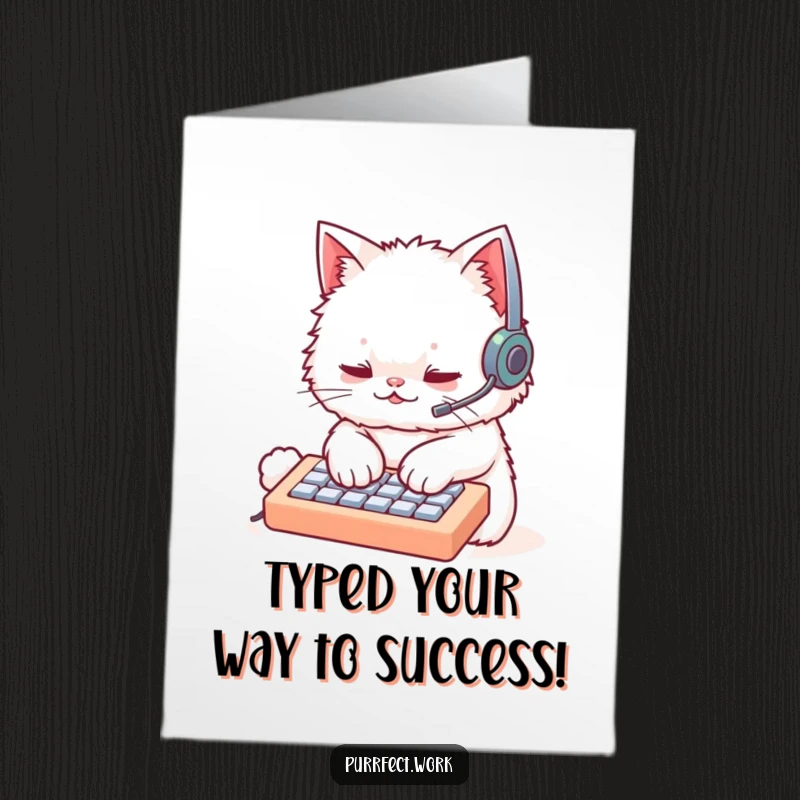 Funny Free Printable Congratulations Card: A white cat with a headset typing fast, celebrating a successful project completion.