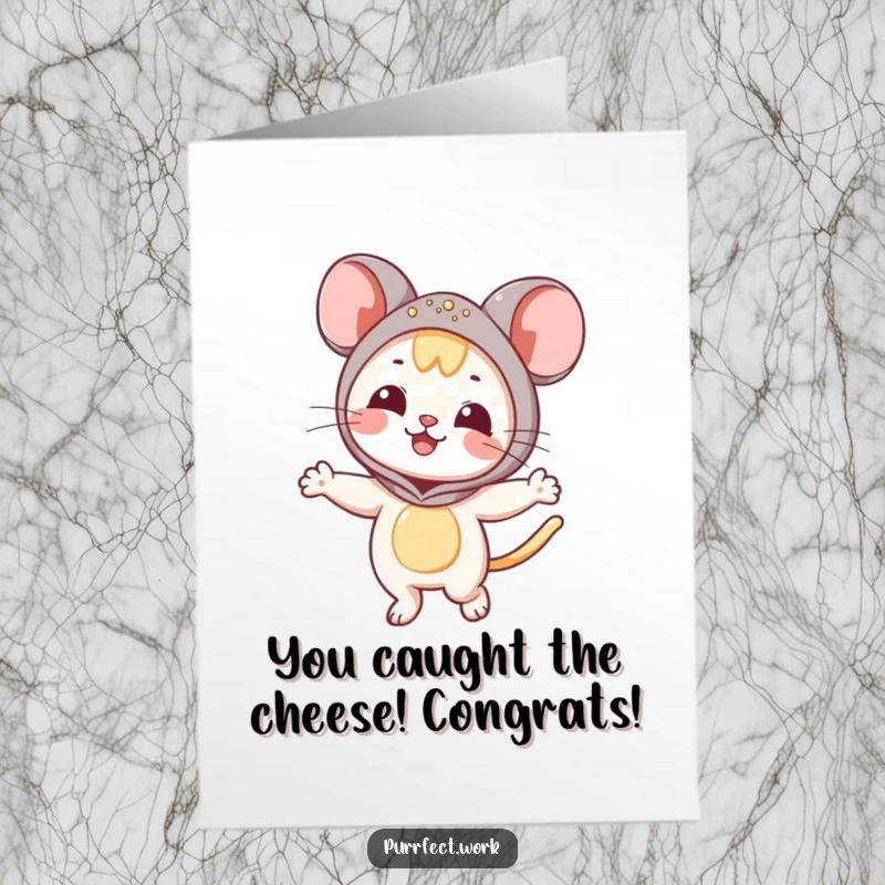 Funny Free Printable Congratulations Card: A cat dressed as a mouse mascot is enthusiastically dancing, celebrating a successful endeavor.
