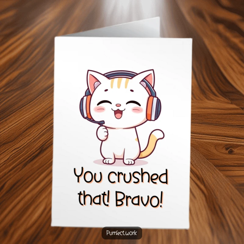 Funny Free Printable Congratulations Card: Happy cat DJ with headphones gives an enthusiastic presentation, celebrating your success.