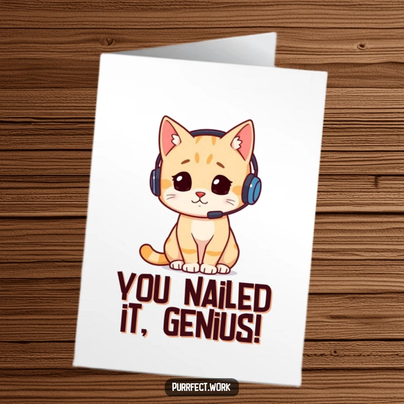 Funny Free Printable Congratulations Card: A cat wearing a headset looking super busy, perfect for congratulating hard work.