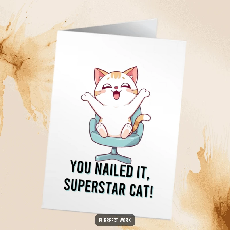 Funny Free Printable Congratulations Card: Cat on swivel chair bounces with exhilaration, celebrating your success with glee.
