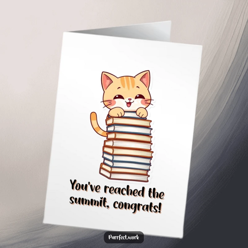 Funny Free Printable Congratulations Card: Mischievous cat grins while climbing a tall stack of files, celebrating your achievement.