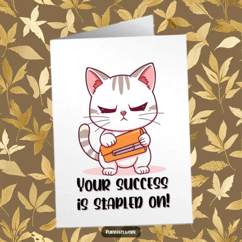 Funny Free Printable Congratulations Card: A jittery cat nervously holds a stapler, symbolizing the intense joy of success, printable at home.