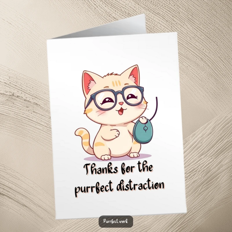 Funny Free Printable Thank You Card: Playful cat with glasses bats at computer mouse, offering thanks for tech support.